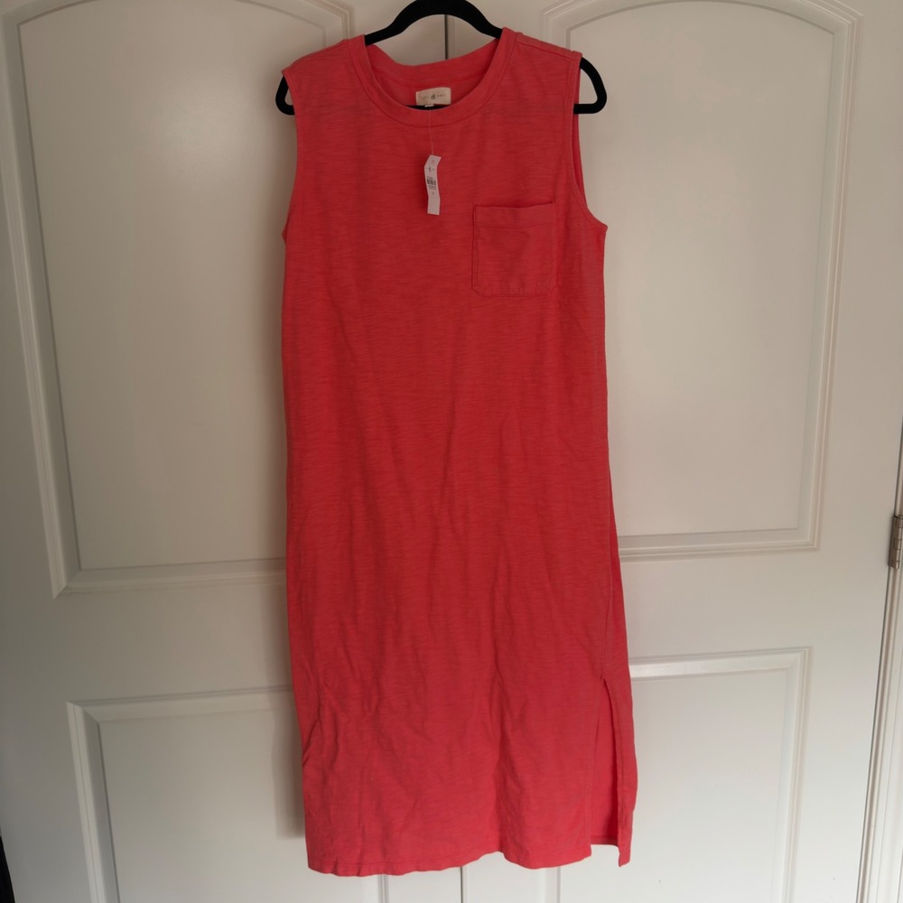 Lou & Grey Womens Slub Knit Pocket Midi T-Shirt Dress Coral Pink Medium NWT
